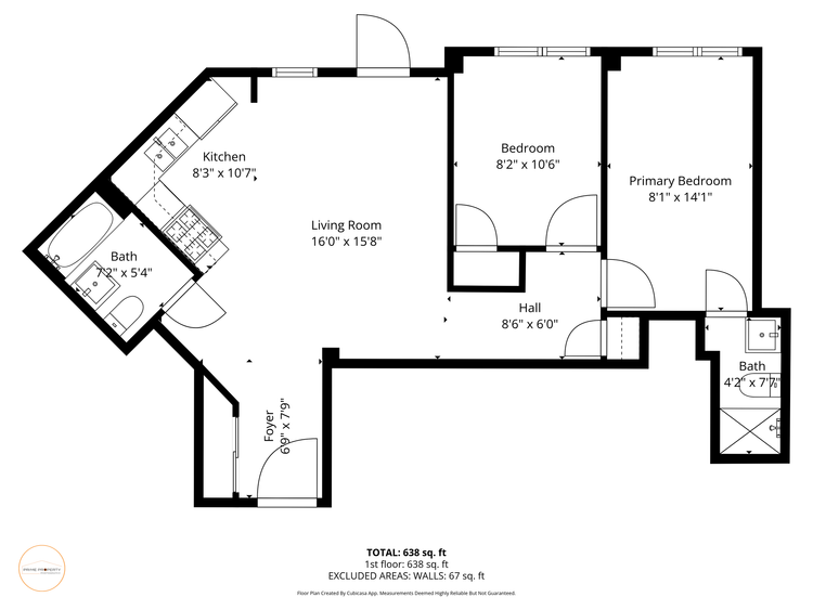 Sample two-bedroom floor plan with living room, kitchen, foyer, and two bathrooms.