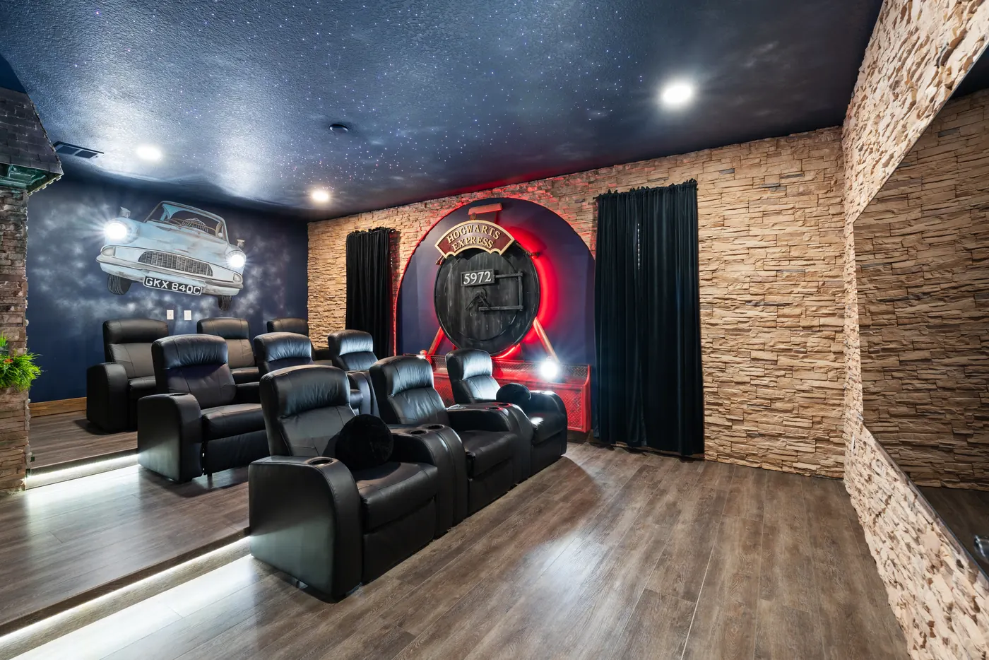 Home theater room photographed for a New York City real estate listing.