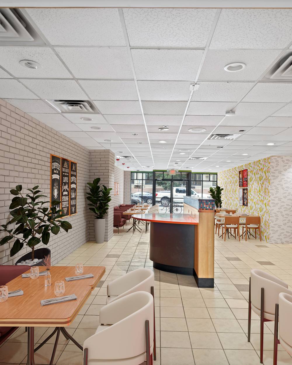 Virtually staged restaurant interior with dining tables, wall art, and a service counter